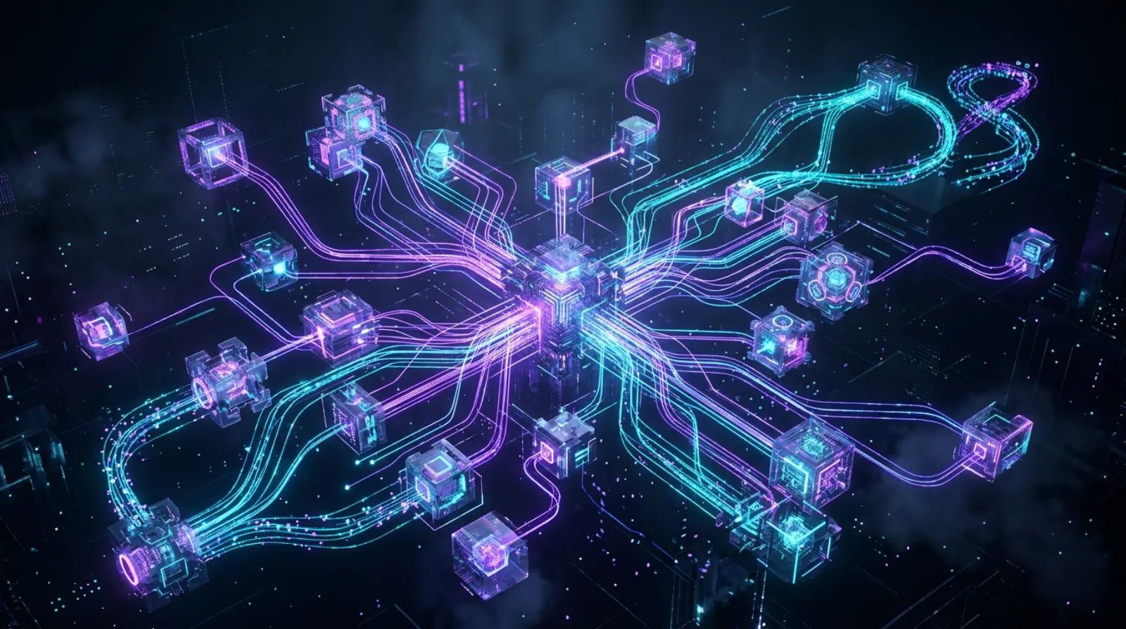 AI system architecture—glowing neural pathways connecting SaaS modules and automation nodes.
