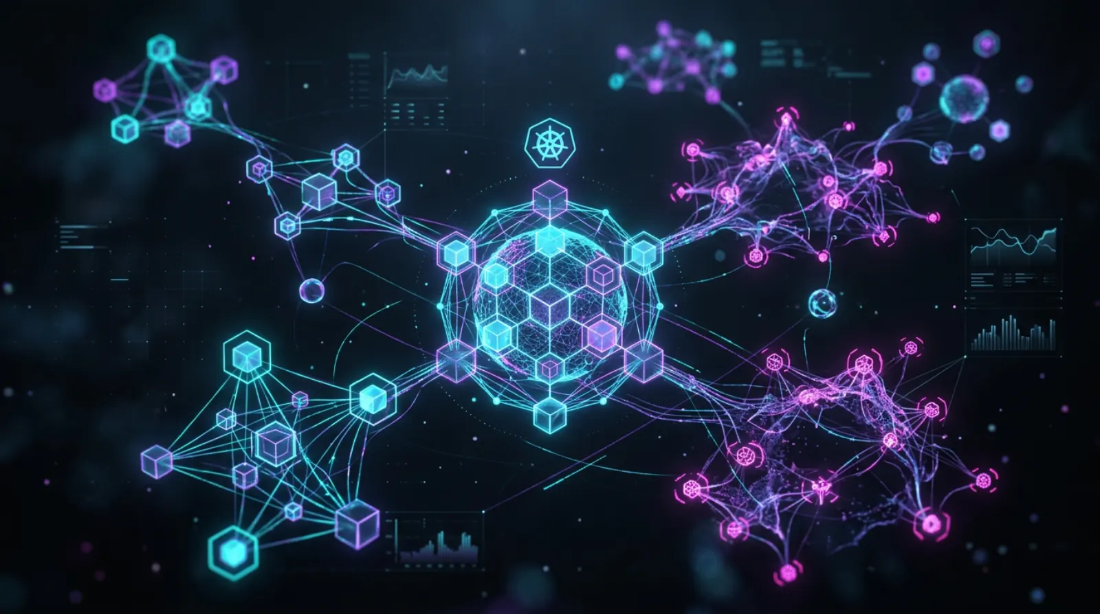 Cloud infrastructure—distributed systems and clusters as glowing geometric topology.
