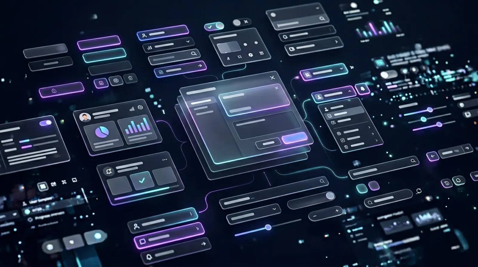 Modern UI component library in 3D glass space—buttons, cards, inputs, modals as a system atlas.