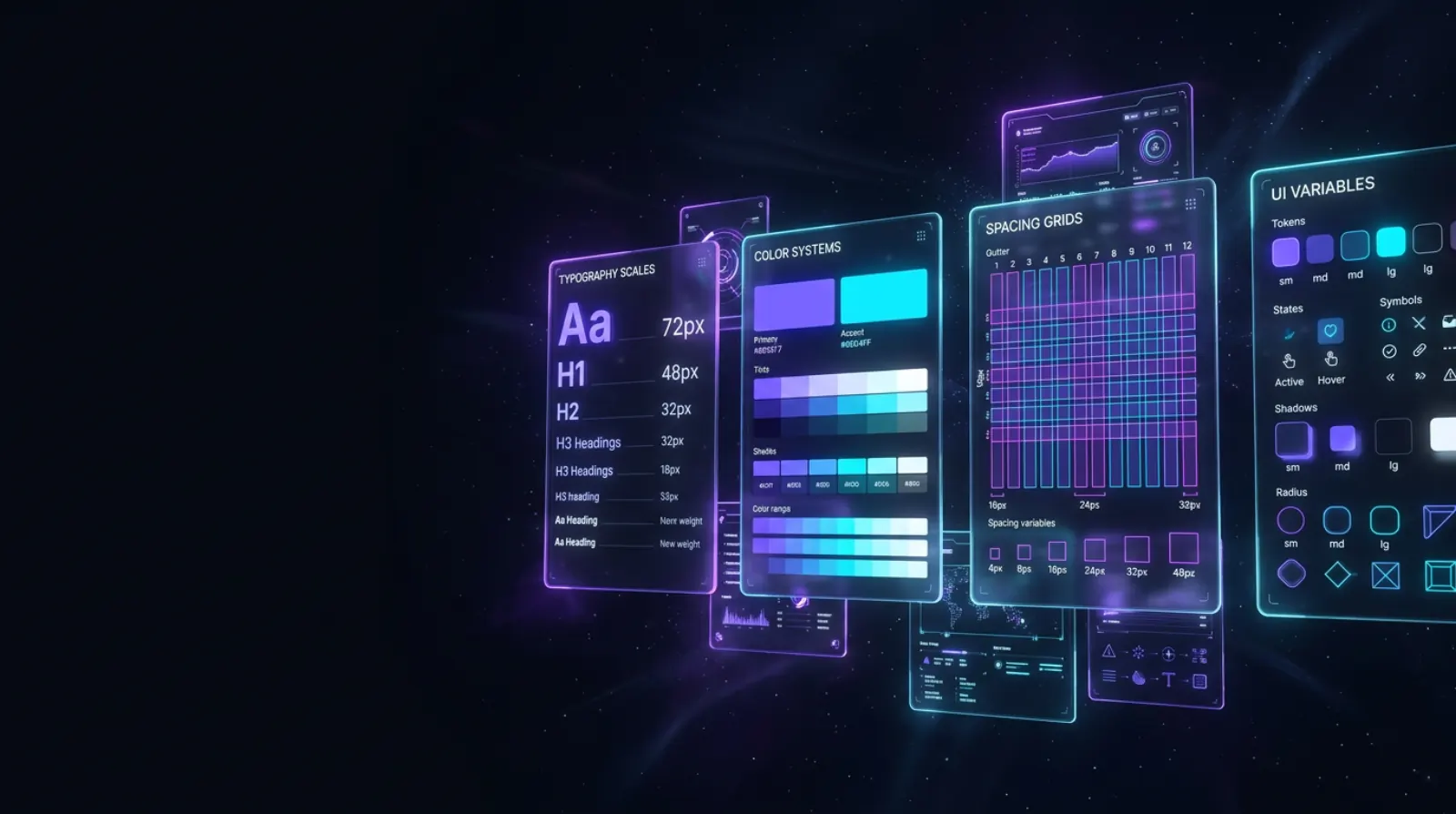 Digital design tokens visualization—typography scales, color systems, spacing as floating holographic UI cards.