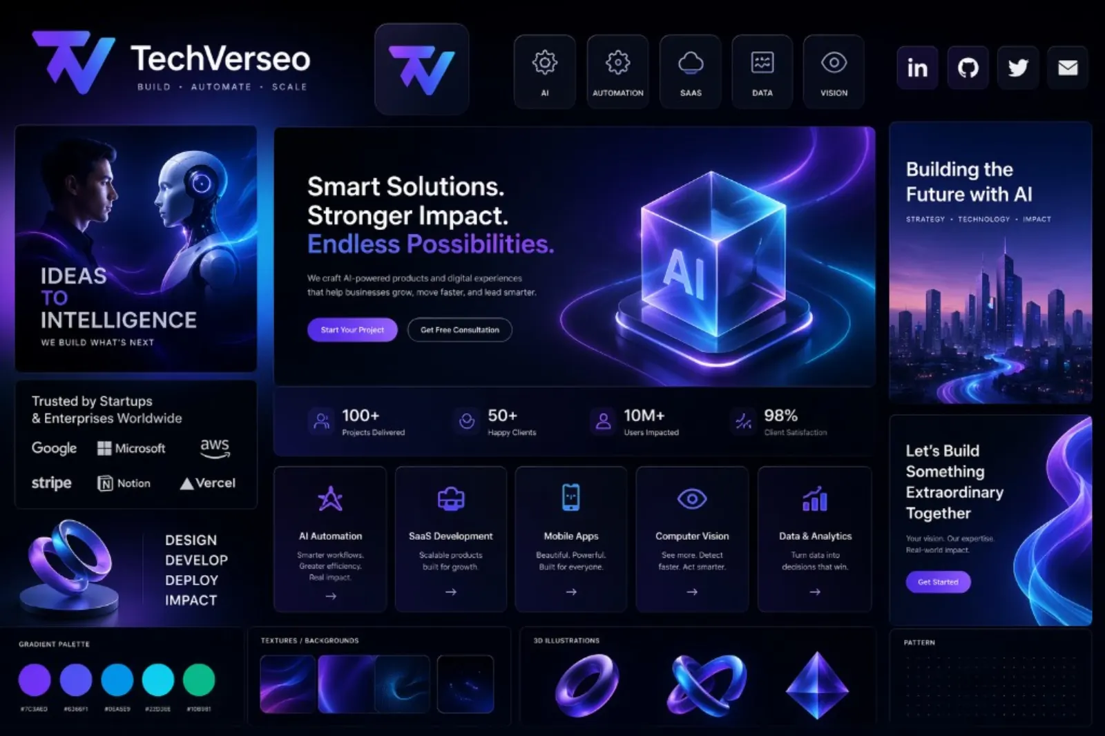 Futuristic AI SaaS design system showcase—neural UI, glass panels, neon purple and cyan (TechVerseo).