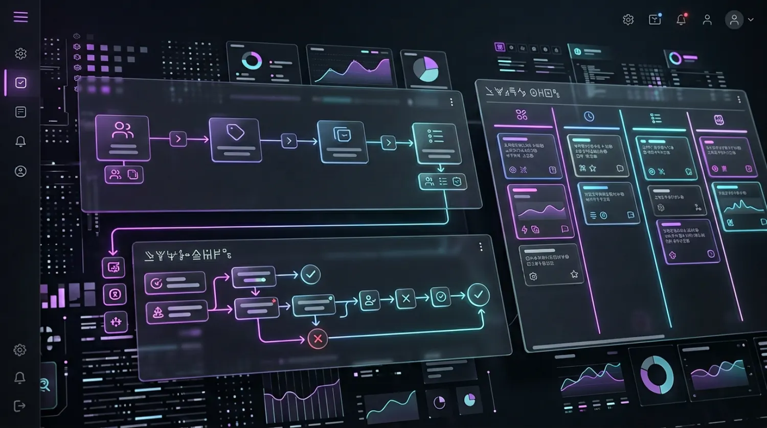 Multi-tenant SaaS shell—workflows, analytics, and collaboration density.